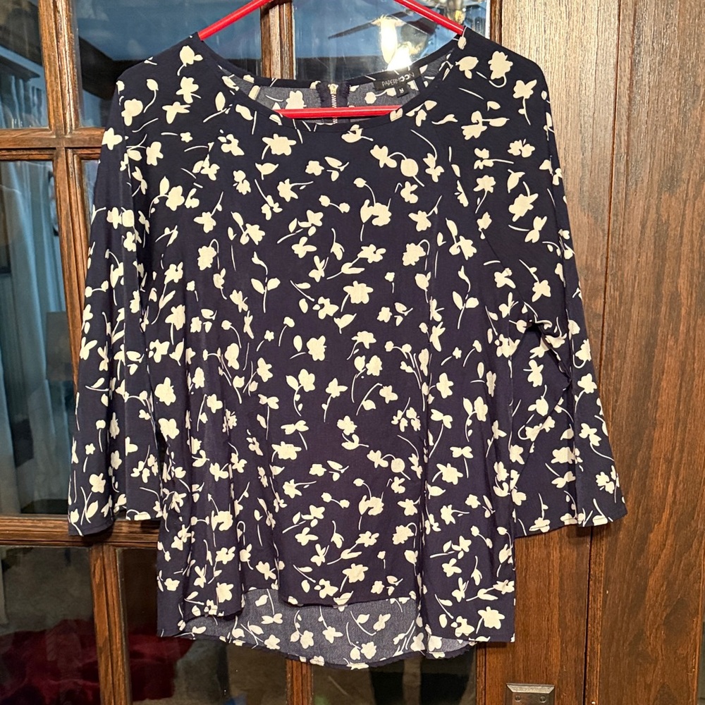Papermoon Womens Navy Blue Floral 3/4‎ Bell Sleeve Blouse Top Size M Back Zipper